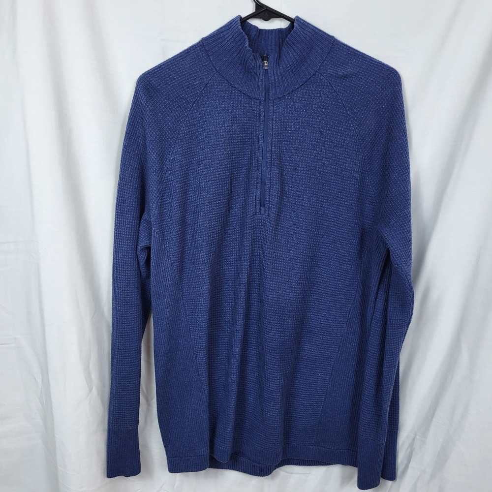 Eddie Bauer Mens Blue Waffle Knit Merino Wool Blend Quarter Zip Sweater Medium